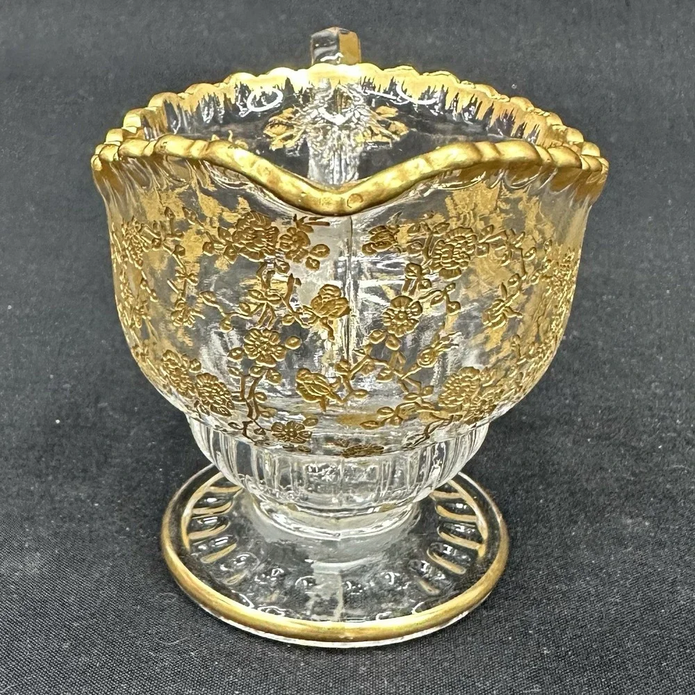 Cambridge 'Rose Point' Cream & Sugar Set With Gold Encrusted Decoration, Vintage